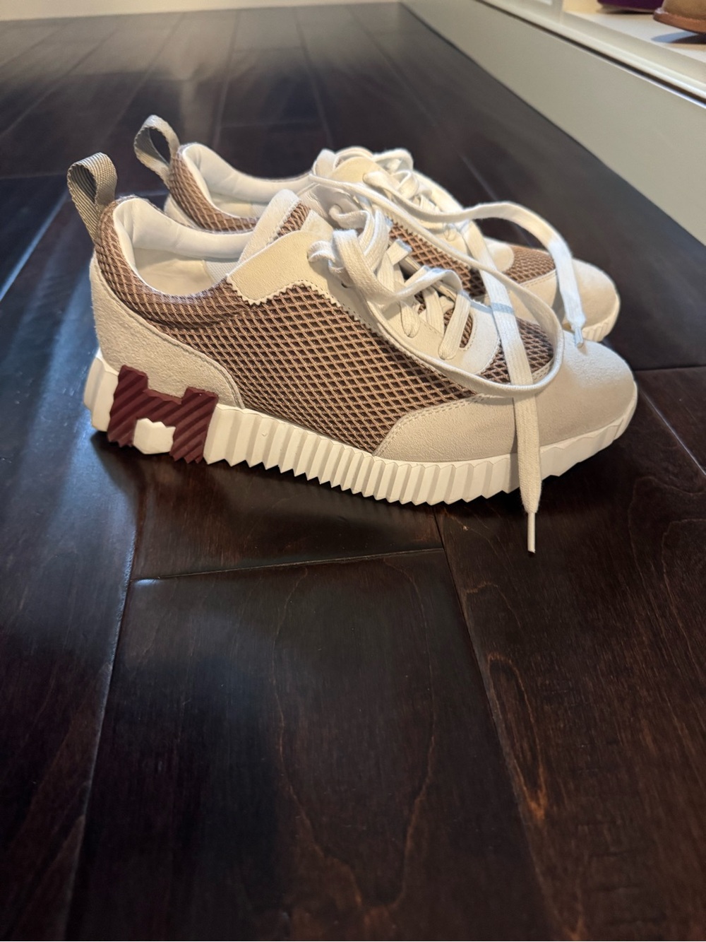 Hermes Beige and White Mesh Sneakers with Maroon Accent